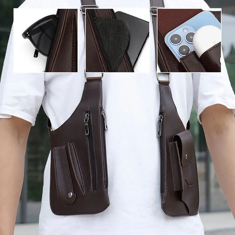 Outdoor Anti-theft Tactical Bag Men Retro Double Shoulder Strap Multi-pocket Crossbody Bags PU Waterproof Phone Bag Chest Bags