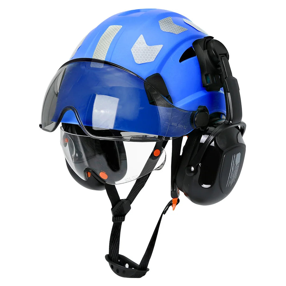 Safety Helmet With Visors Built In Goggles Earmuff Noise Reduction Stickers For Engineer ABS Hard Hat ANSI Industrial Work Cap