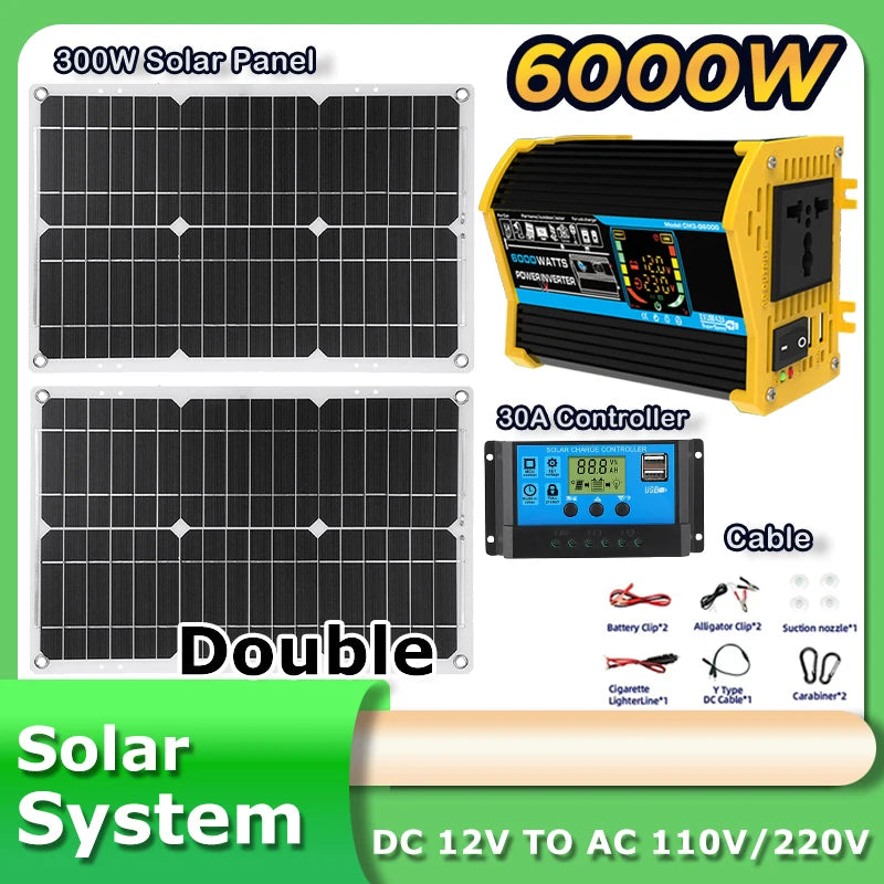Inverter 6000W Solar Panel 2*300W 12V Portable Solar Generator Power Bank