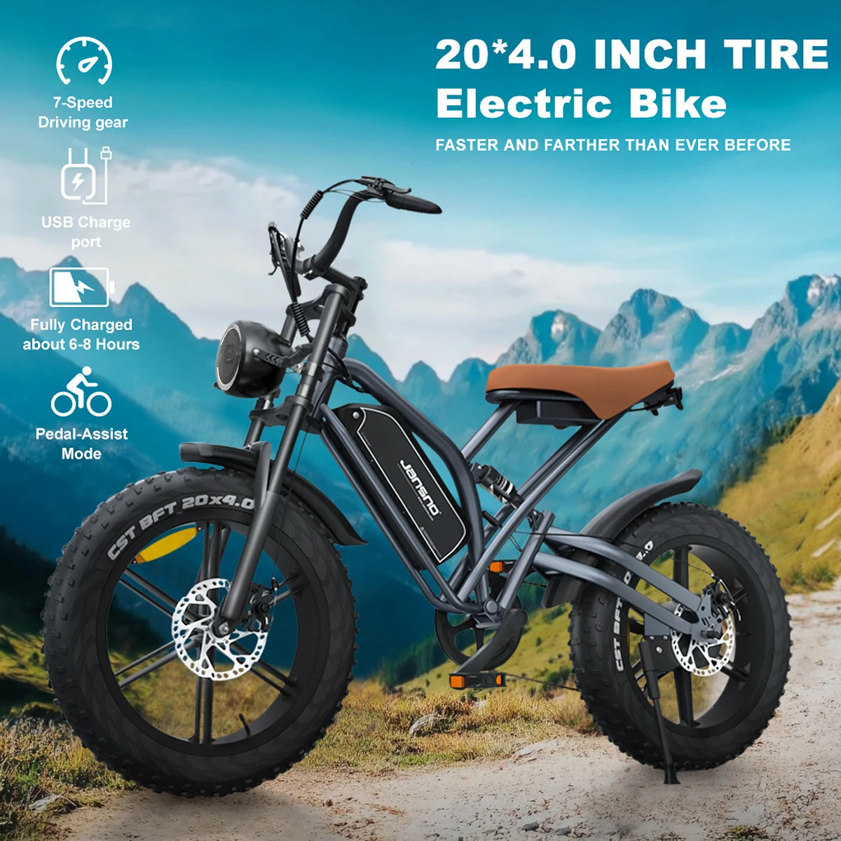 Adults Electric Bike JANSNO X50 750W 48V14AH Removable battery Fat Tire 20"*4 Off Road Mountain Ebike 25MPH Moped Style Ebike