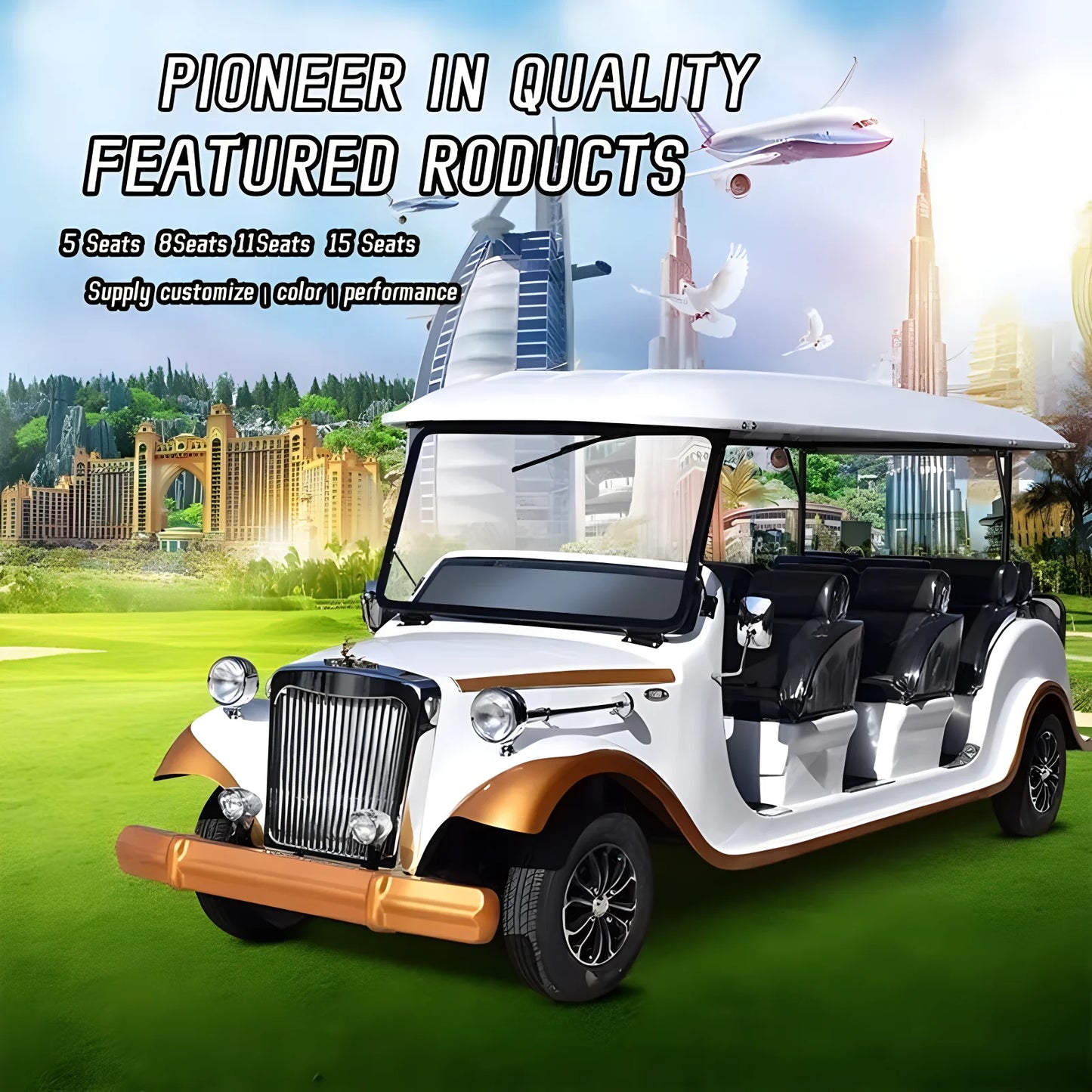 Luxury classic electric vintage car sightseeing shuttle bus, retro vintage car park, amusement park and scenic area shuttle bus