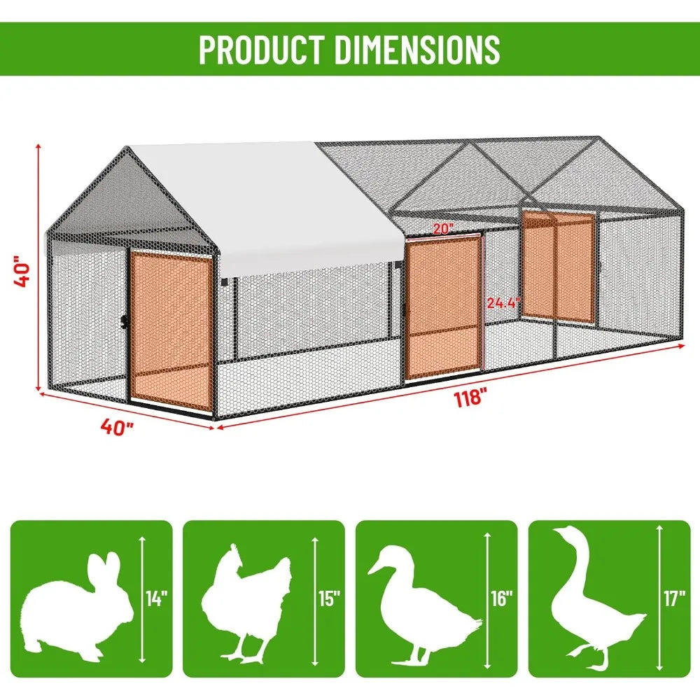 Metal Chicken Coop with Waterproof Cover, 118"x40"x40" Portable Poultry Cage, Outdoor Backyard Farm Walk-in Hen House for Chicke