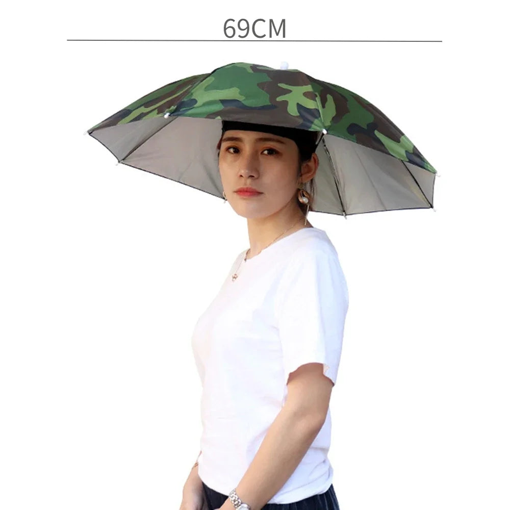 Portable Rain Umbrella Hat Foldable Outdoor Sun Shade Caps Waterproof Camping Fishing Headwear Cap Head-Mounted Beach Head Hats