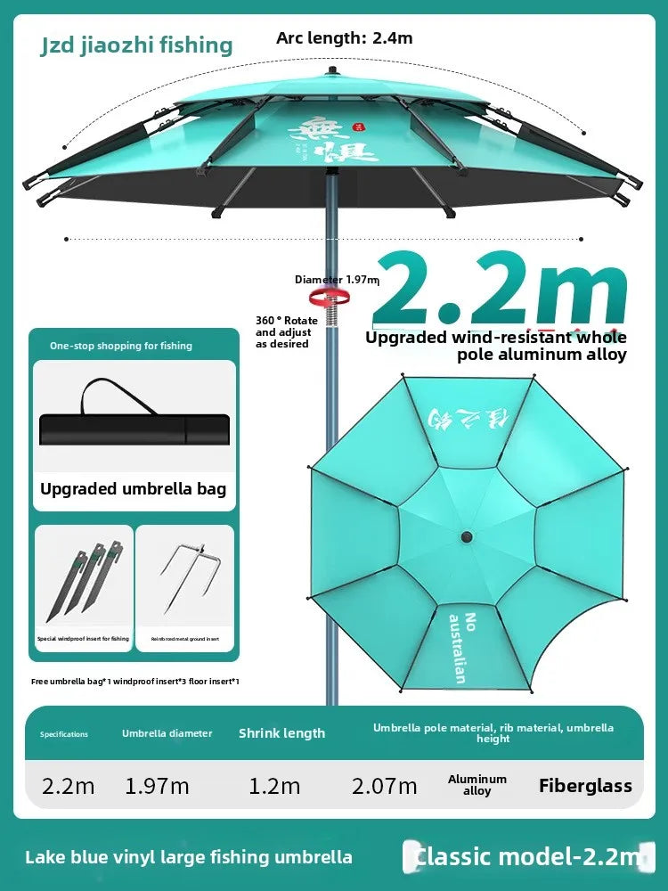 Parasol Fishing Umbrella Double-Layer Fold Outdoor Camping Beach Garden Windproof Sunscreen Fish Adjustable Pole Portable Rack