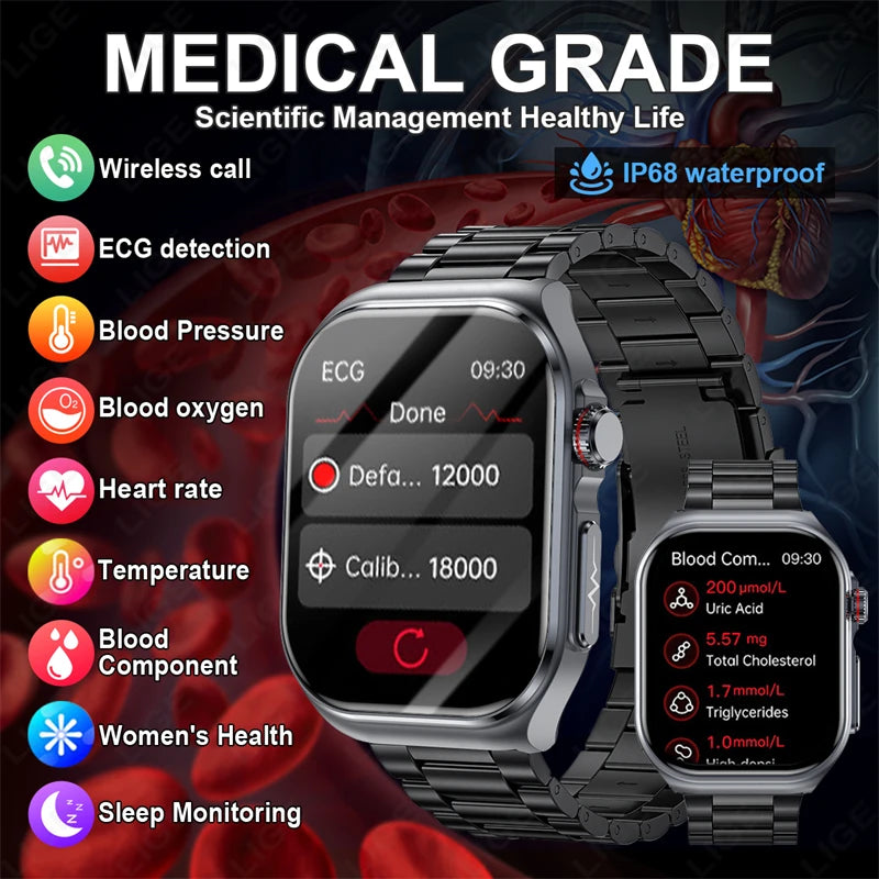 AI Medical Diagnosis Blood Lipids Uric Acid Waterproof Watch Bluetooth Call Health