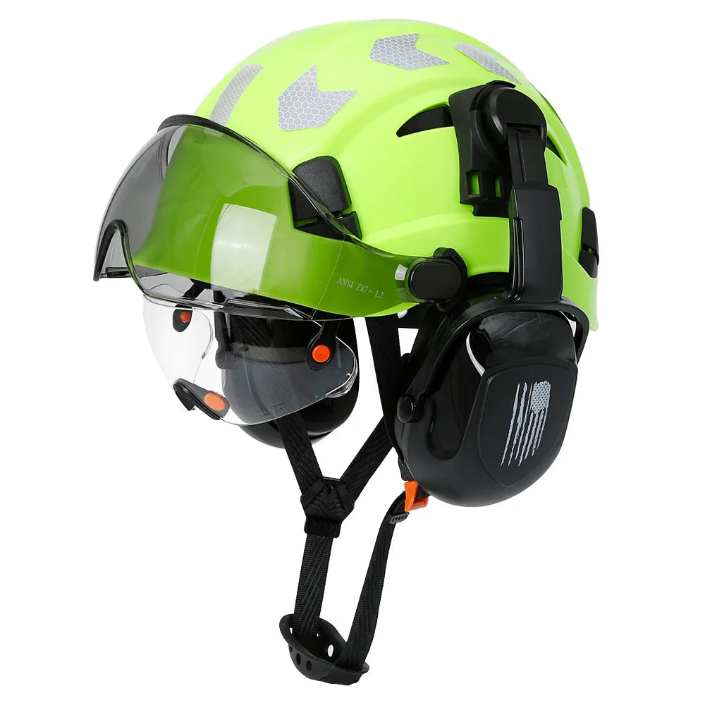 Safety Helmet With Visors Built In Goggles Earmuff Noise Reduction Stickers For Engineer ABS Hard Hat ANSI Industrial Work Cap