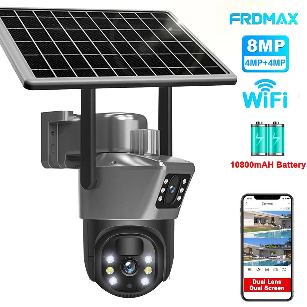 Wireless CCTV Surveillance Camera With Solar Panel Dual Lens PTZ IP Cam Security Protection