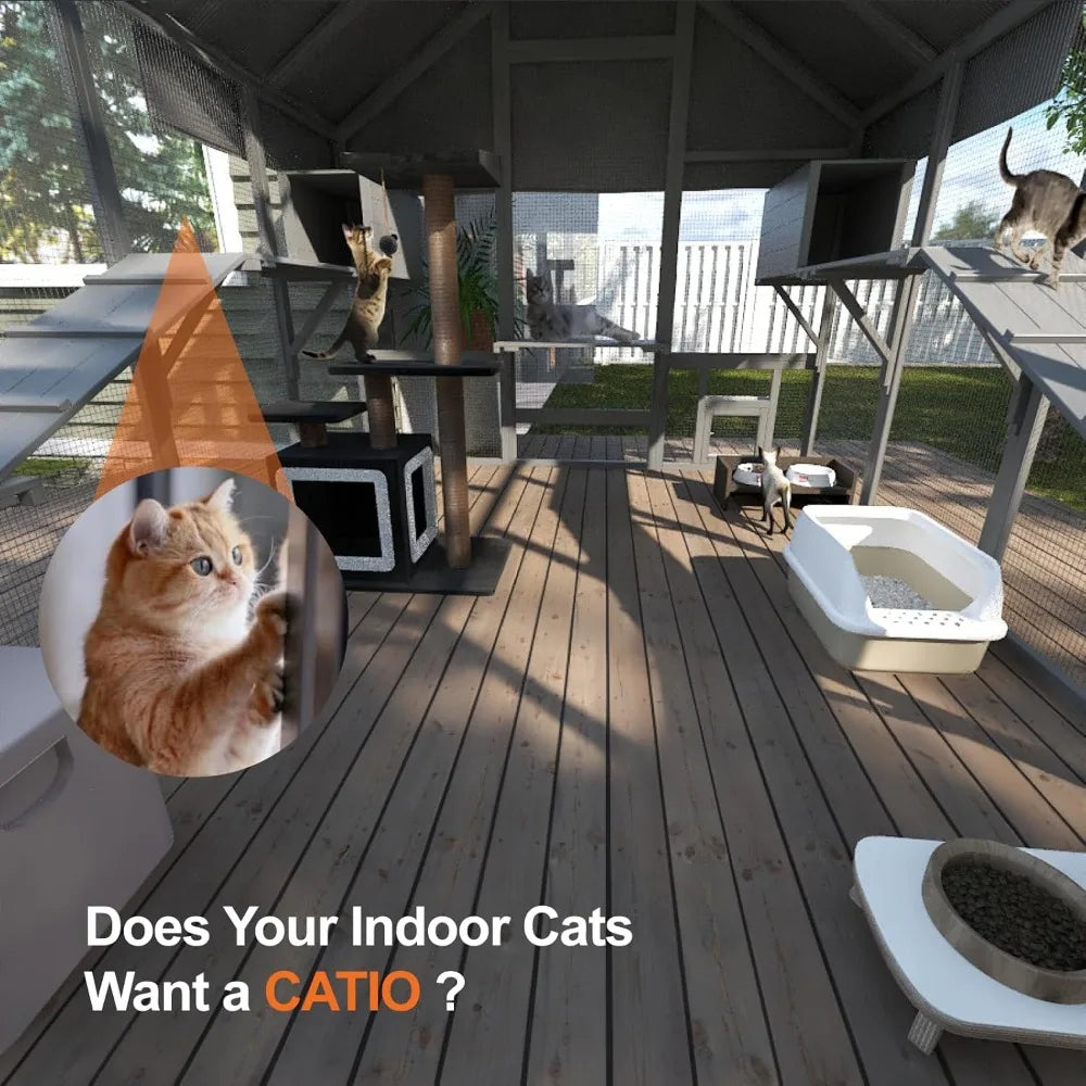 Catio Outdoor Cat Enclosure, Large Cat Catio for Multiple Cats with 7 Platforms, 2 Resting Box and 2 Bridges, Wooden Cat House C