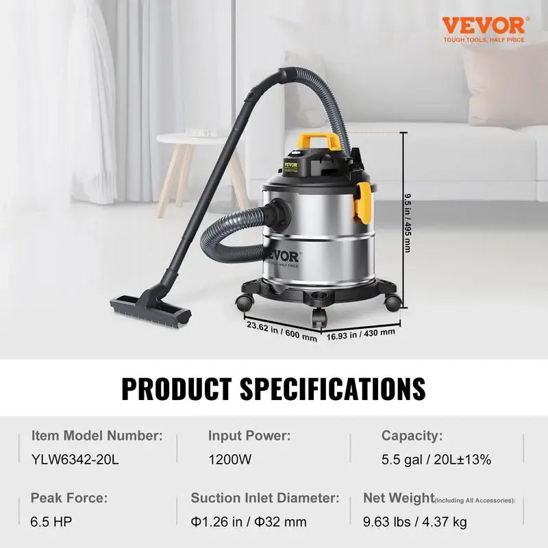 VEVOR Wet Dry Vac, Max 8 Gallon 3 in 1 Shop Vacuum with Blowing Function, with Attachments to Clean Floor Upholstery Gap Car
