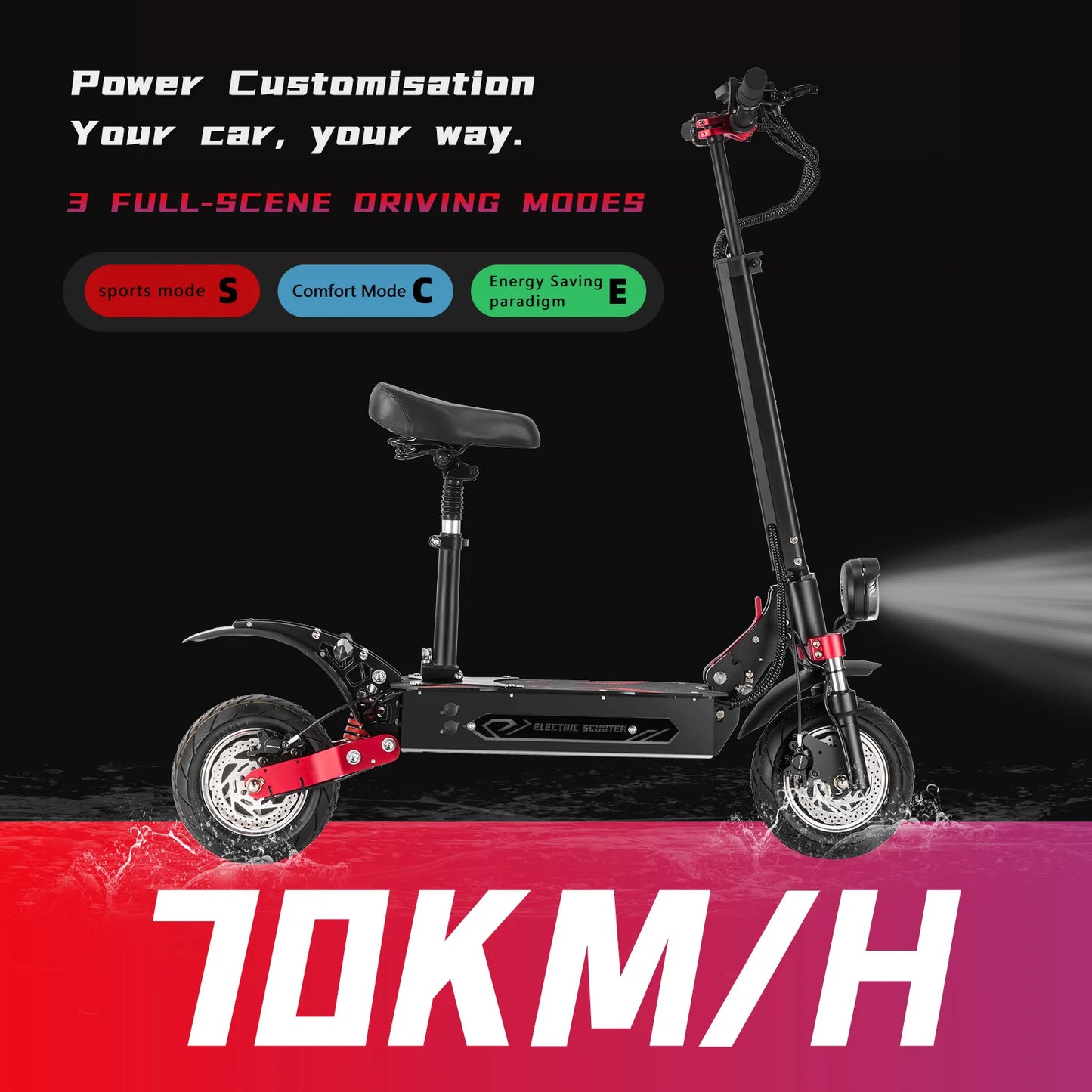3200W Electric Scooter With Seat 52V 28AH 36MPH Folding EScooter For Adult 90-110KM Range 10'' Vacuum Tires EScooter With APP