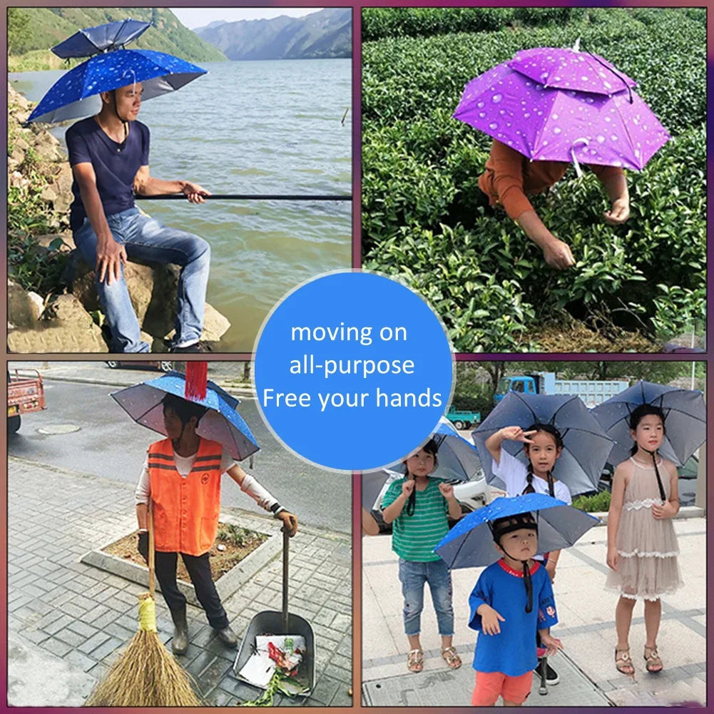 Portable Rain Umbrella Hat Foldable Outdoor Sun Shade Caps Waterproof Camping Fishing Headwear Cap Head-Mounted Beach Head Hats