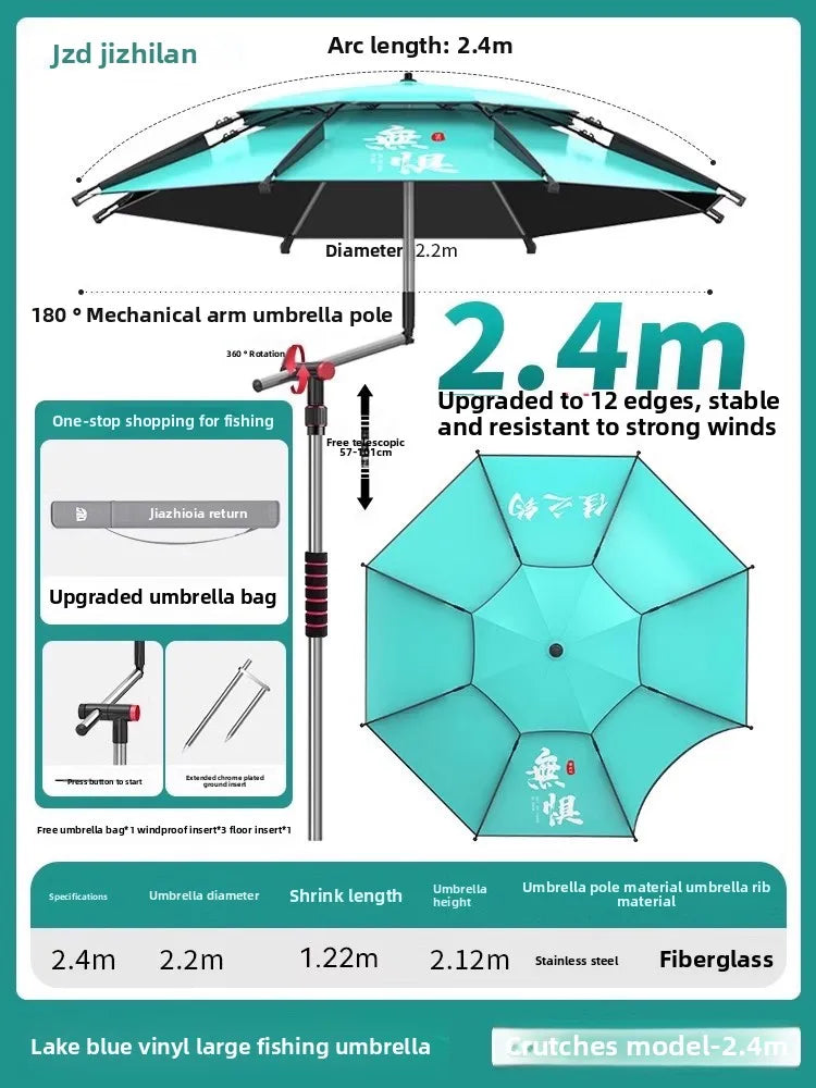 Parasol Fishing Umbrella Double-Layer Fold Outdoor Camping Beach Garden Windproof Sunscreen Fish Adjustable Pole Portable Rack