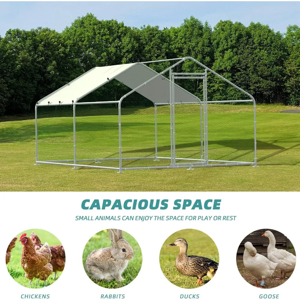 Large Metal Chicken Coop Run, Walk-in Enclosure Poultry Hen Run House, Spire Shaped Chicken Pen with Waterproof & Anti-UV Cover