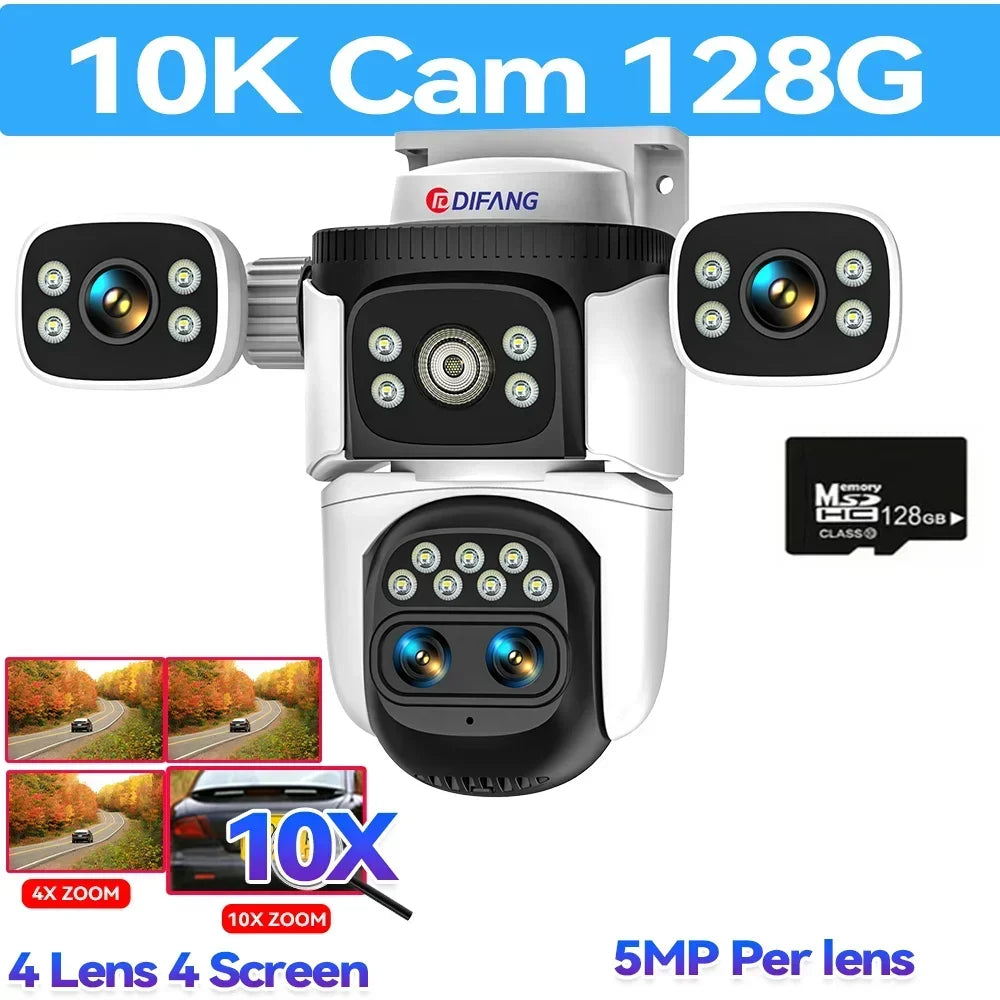 10K Home Security WiFi Camera Four Lens Four Screen 360° 10X Optical Zoom Wireless Surveillance IP Cam