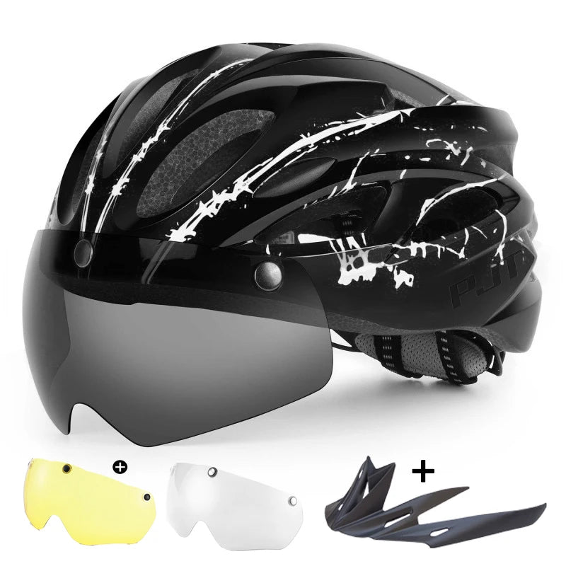 PJT Lightweight Breathable Goggles Bicycle Helmet 4 in 1 Bike Helmet With Sun Visor & Lens Free switching Adult Cycling Helmets