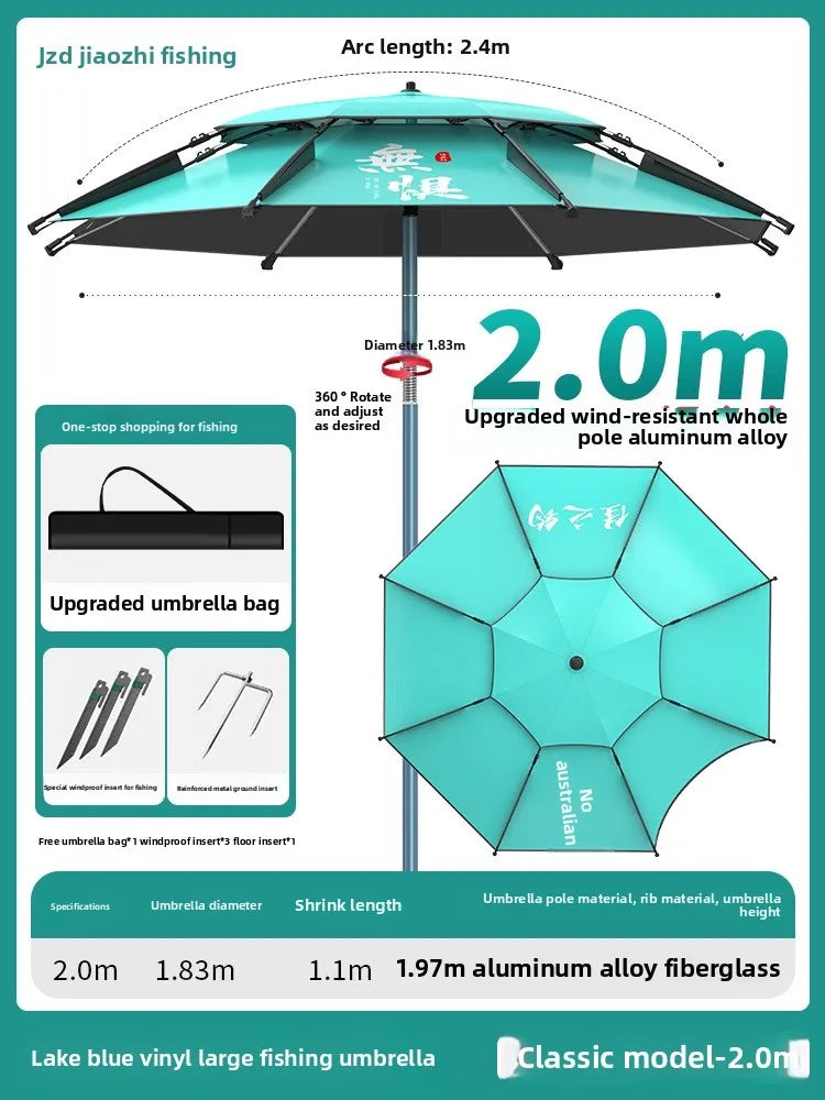 Parasol Fishing Umbrella Double-Layer Fold Outdoor Camping Beach Garden Windproof Sunscreen Fish Adjustable Pole Portable Rack