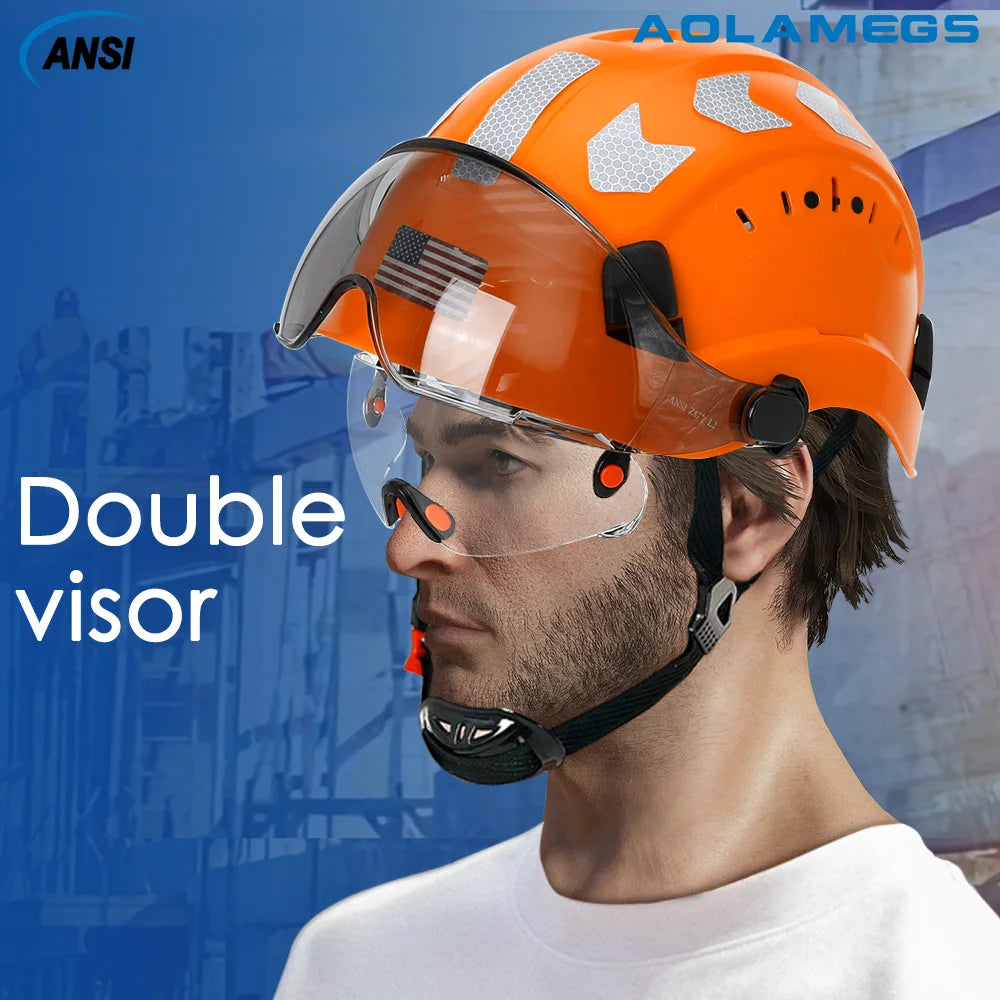 Safety Helmet With Visors Built In Goggles Earmuff Noise Reduction Stickers For Engineer ABS Hard Hat ANSI Industrial Work Cap