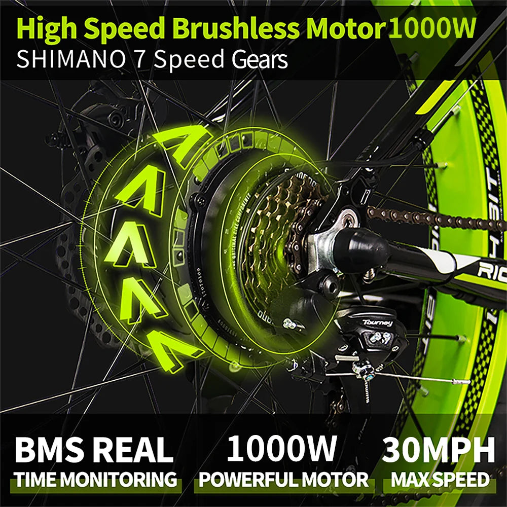 1000W Adults 30MPH Electric Bicycle 7-Speed Mountain Bike 26'' Fat Tire