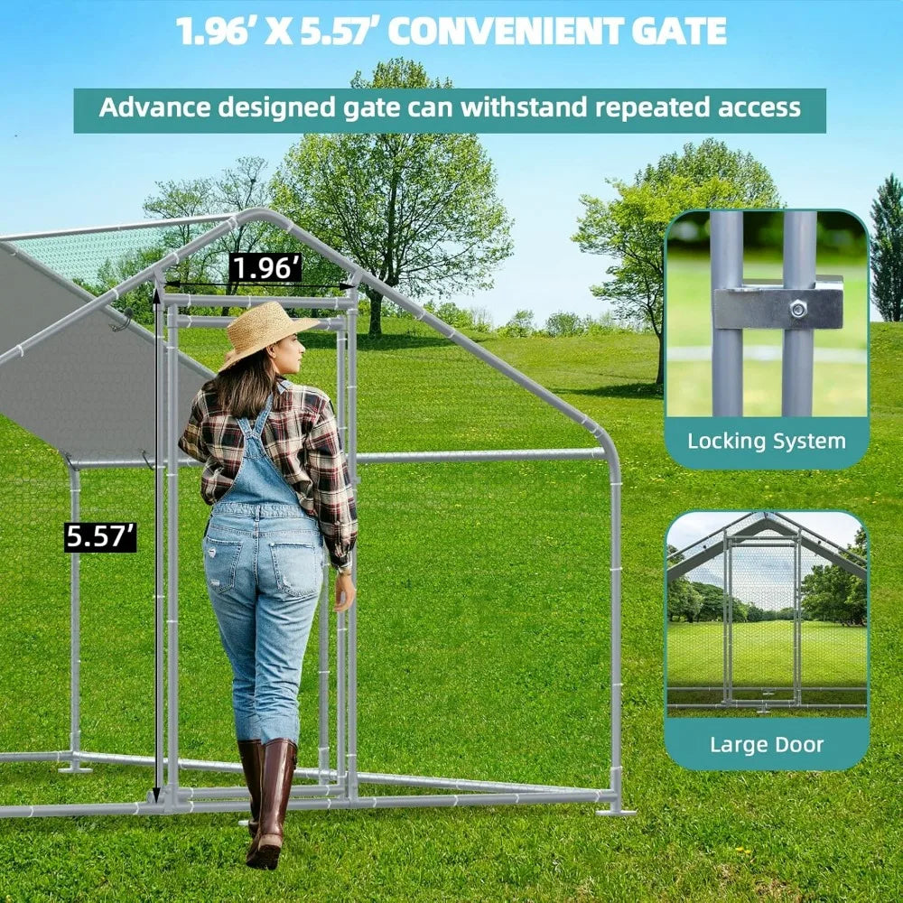 Large Metal Chicken Coop Run, Walk-in Enclosure Poultry Hen Run House, Spire Shaped Chicken Pen with Waterproof & Anti-UV Cover