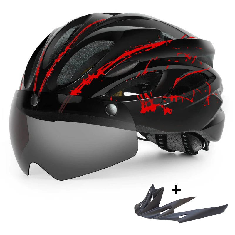 PJT Lightweight Breathable Goggles Bicycle Helmet 4 in 1 Bike Helmet With Sun Visor & Lens Free switching Adult Cycling Helmets