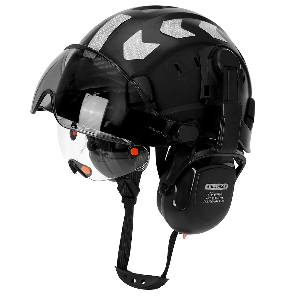 Safety Helmet With Visors Built In Goggles Earmuff Noise Reduction Stickers For Engineer ABS Hard Hat ANSI Industrial Work Cap