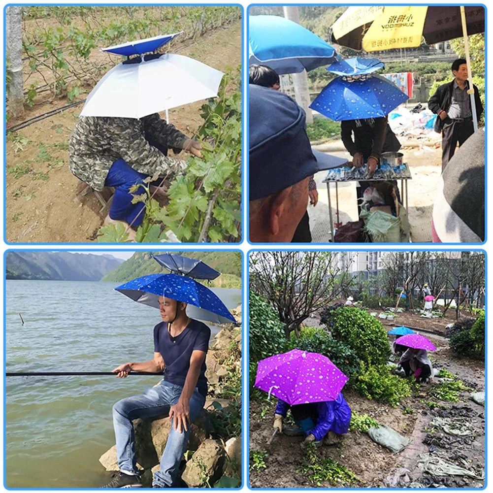 Portable Rain Umbrella Hat Foldable Outdoor Sun Shade Caps Waterproof Camping Fishing Headwear Cap Head-Mounted Beach Head Hats