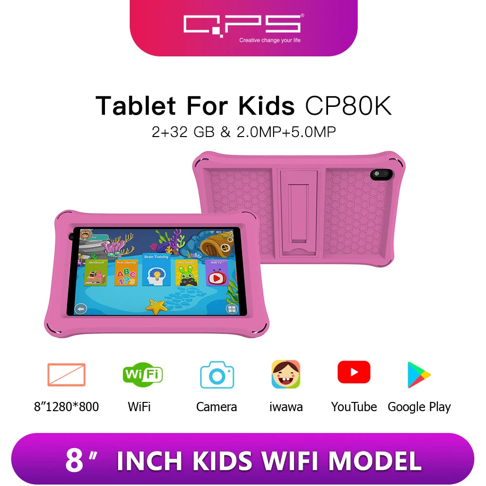 QPS 8 inch tablet android PC 4500mAh 2GB RAM 32GB ROM Children Learning kiddies tablets with Holder