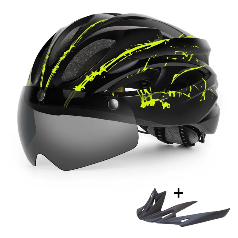 PJT Lightweight Breathable Goggles Bicycle Helmet 4 in 1 Bike Helmet With Sun Visor & Lens Free switching Adult Cycling Helmets