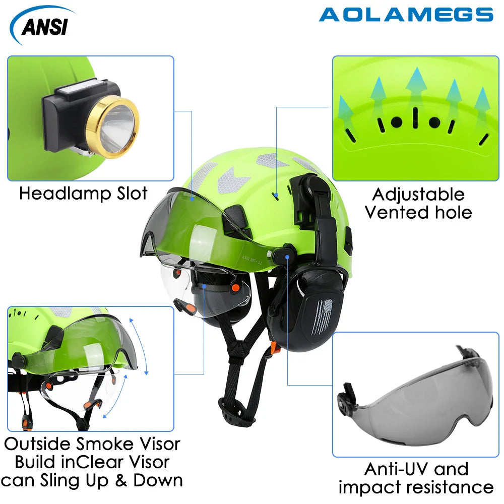Safety Helmet With Visors Built In Goggles Earmuff Noise Reduction Stickers For Engineer ABS Hard Hat ANSI Industrial Work Cap