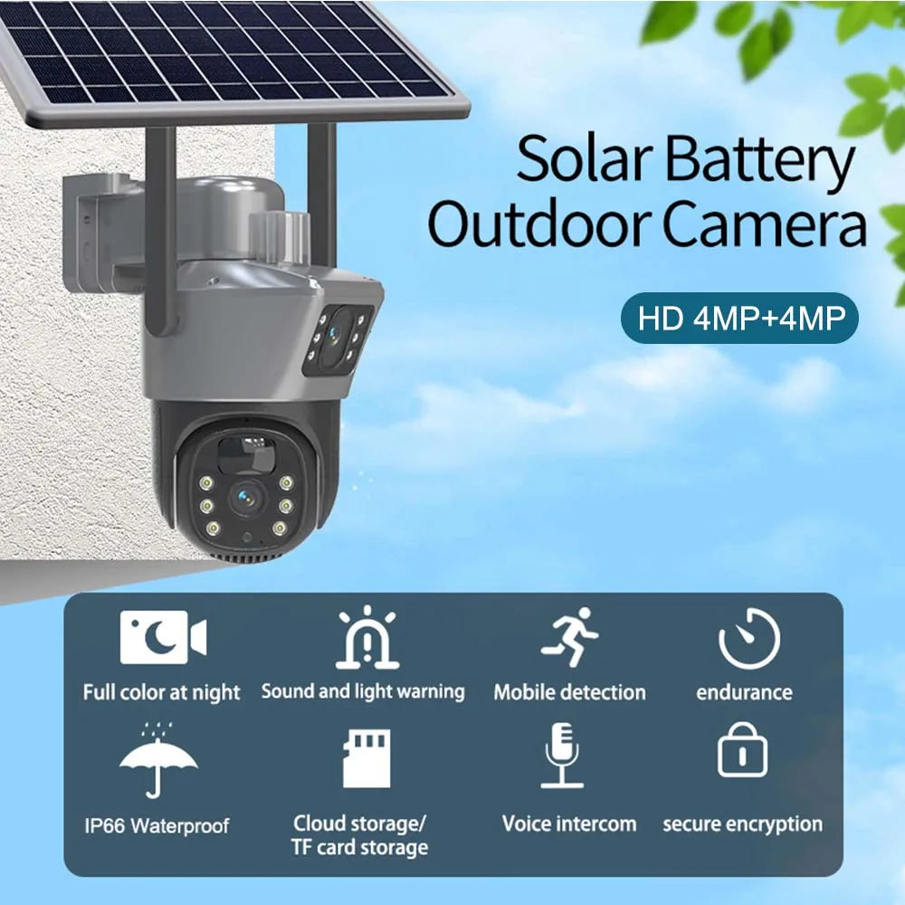 Wireless CCTV Surveillance Camera With Solar Panel Dual Lens PTZ IP Cam Security Protection