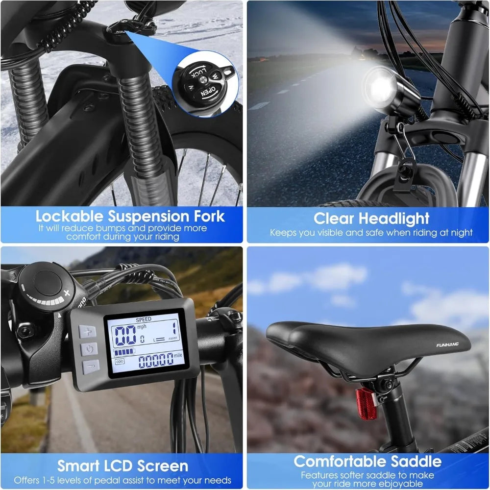 Electric Bike for Adults, 26'' 1000W Peak Up to 50 Miles 21.7MPH with 48V 374.4WH Removable Battery