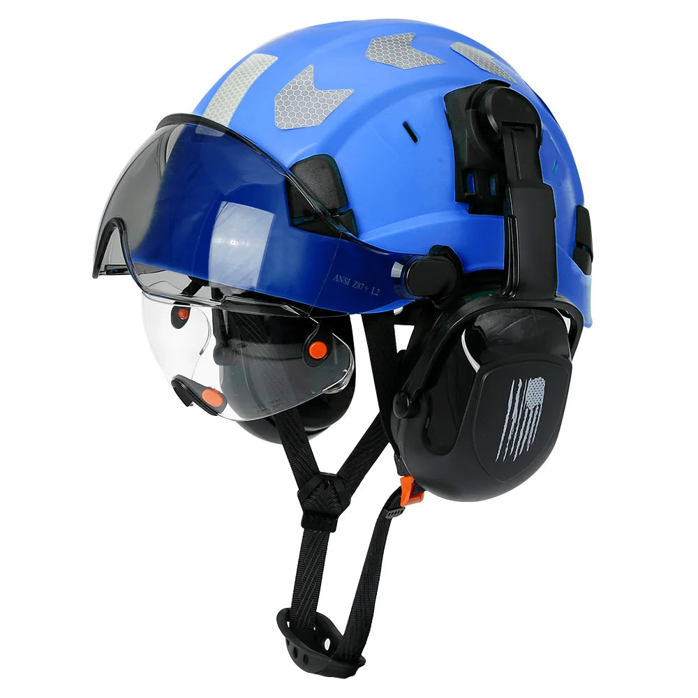 Safety Helmet With Visors Built In Goggles Earmuff Noise Reduction Stickers For Engineer ABS Hard Hat ANSI Industrial Work Cap