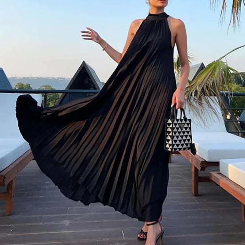 Spring Female Halter Slim Banquet Long Dress Women Sexy Off Shoulder Gala Dress New 2025 Elegant Solid Swing Loose Party Dress