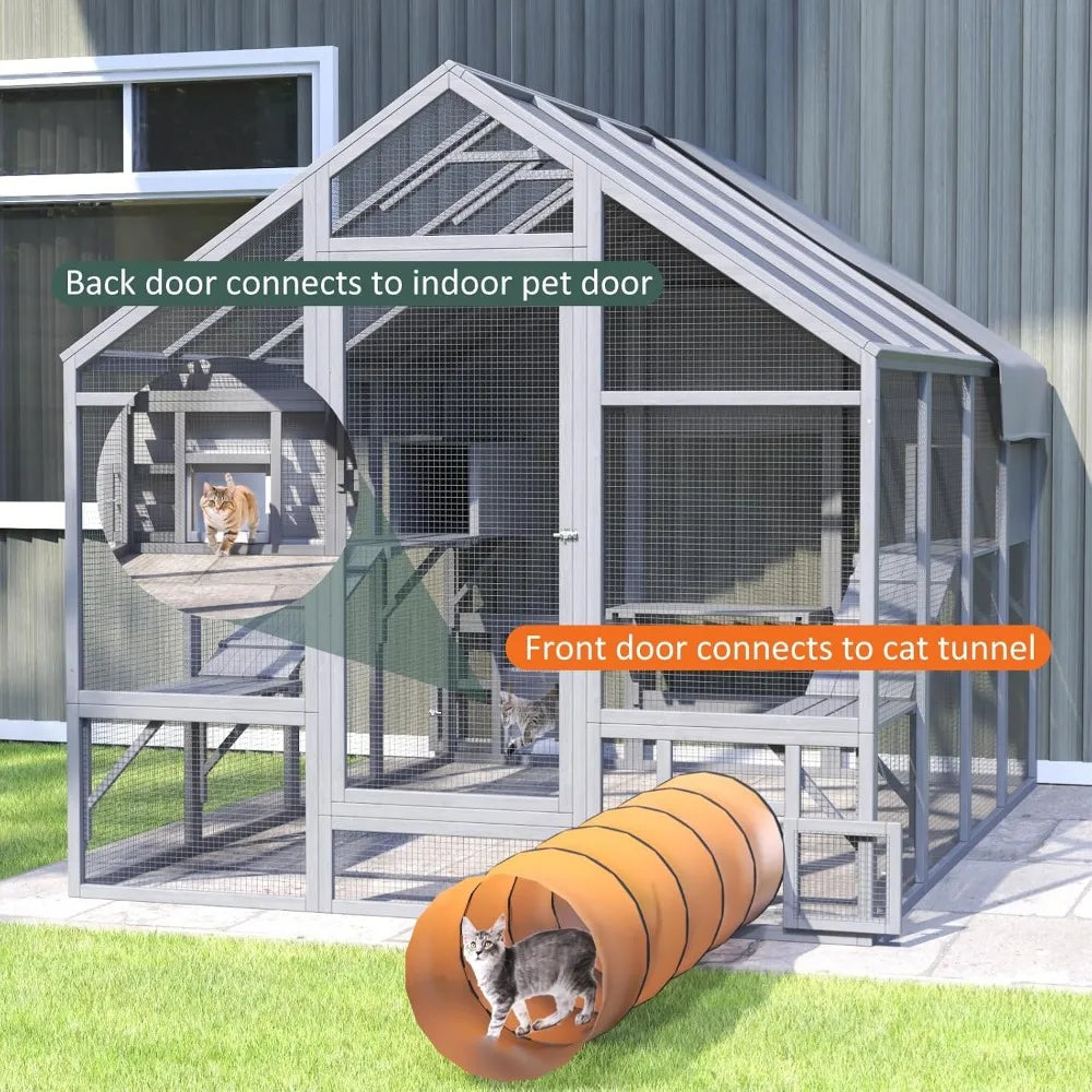 Catio Outdoor Cat Enclosure, Large Cat Catio for Multiple Cats with 7 Platforms, 2 Resting Box and 2 Bridges, Wooden Cat House C