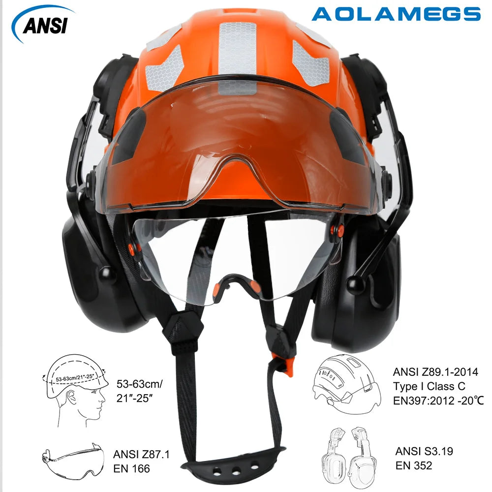 Safety Helmet With Visors Built In Goggles Earmuff Noise Reduction Stickers For Engineer ABS Hard Hat ANSI Industrial Work Cap