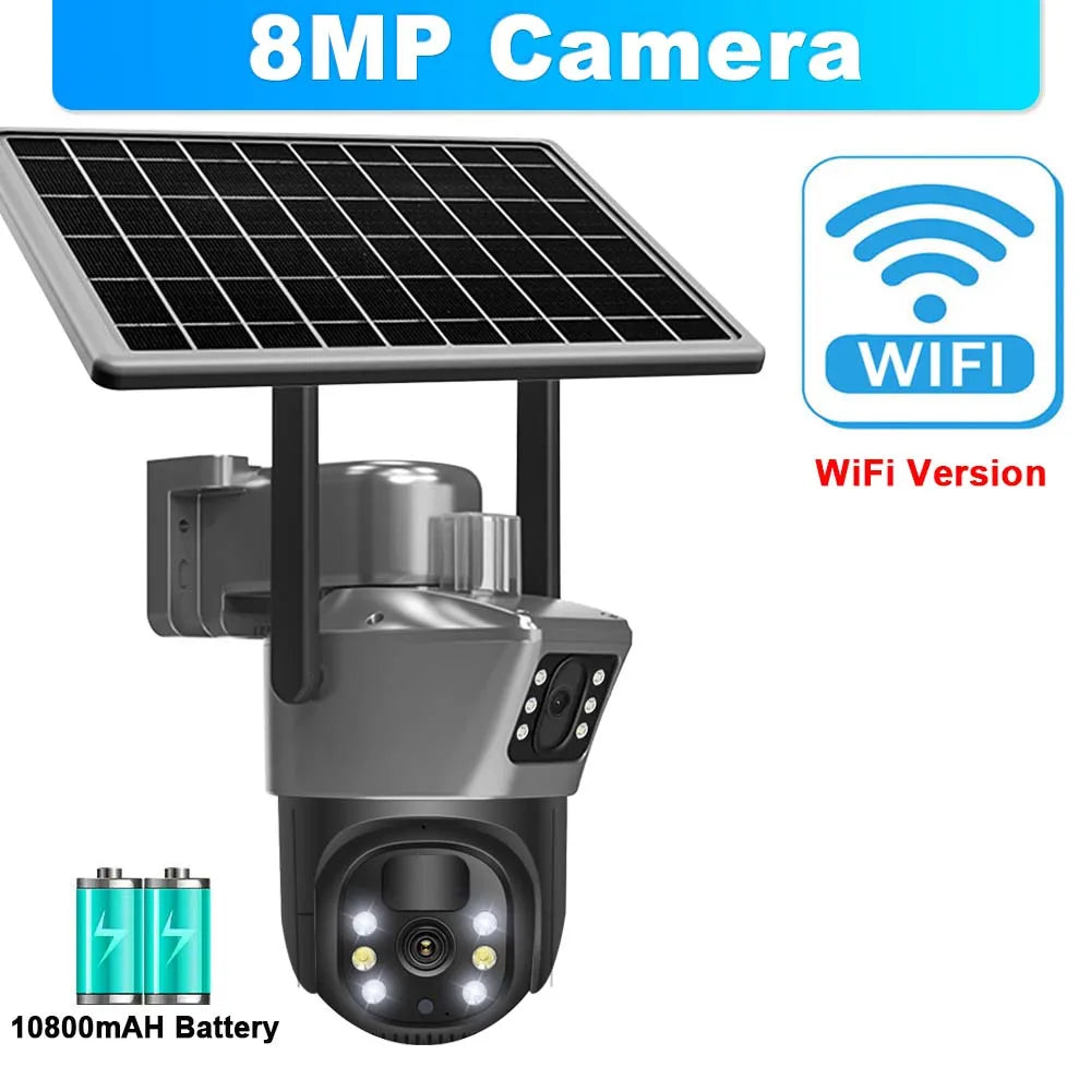 Wireless CCTV Surveillance Camera With Solar Panel Dual Lens PTZ IP Cam Security Protection