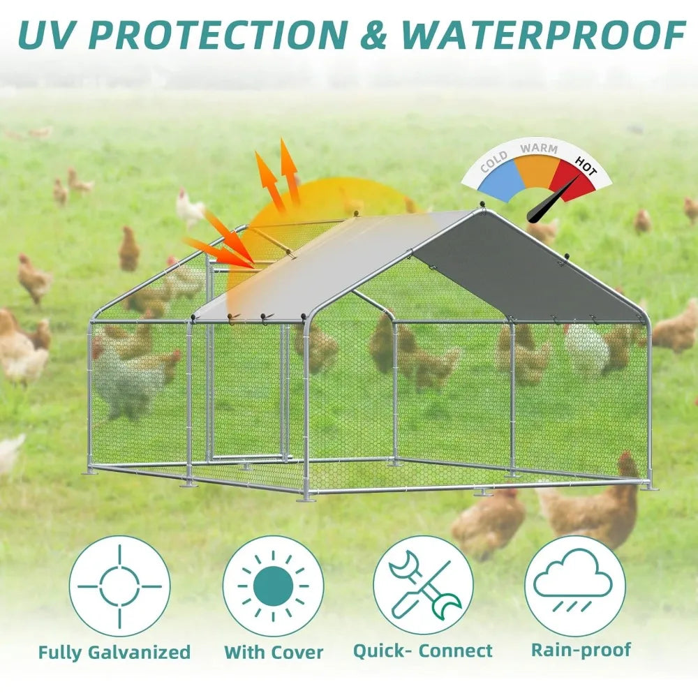 Large Metal Chicken Coop Run, Walk-in Enclosure Poultry Hen Run House, Spire Shaped Chicken Pen with Waterproof & Anti-UV Cover