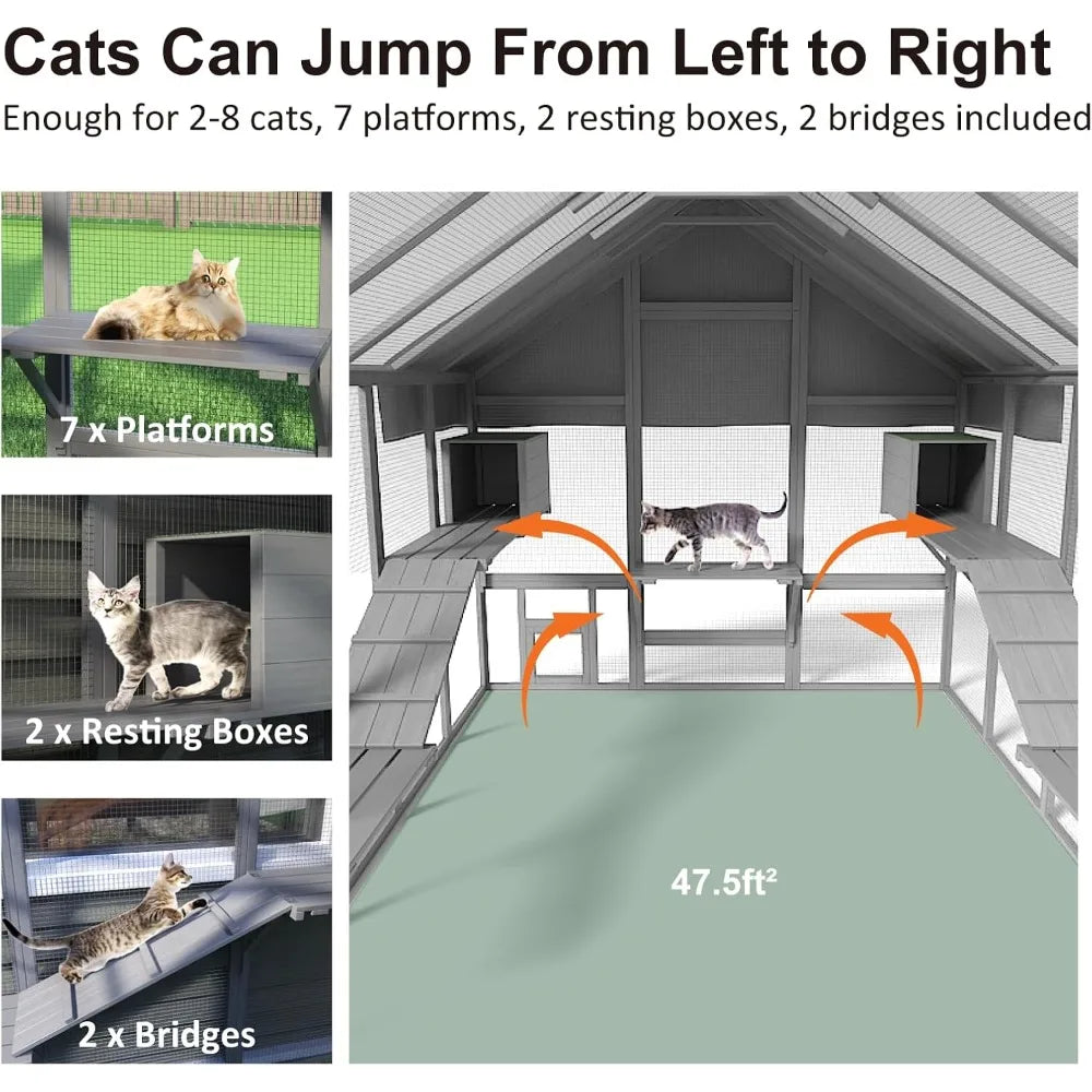 Catio Outdoor Cat Enclosure, Large Cat Catio for Multiple Cats with 7 Platforms, 2 Resting Box and 2 Bridges, Wooden Cat House C