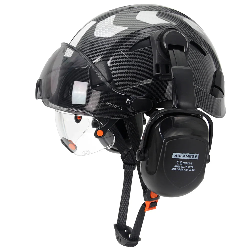 Safety Helmet With Visors Built In Goggles Earmuff Noise Reduction Stickers For Engineer ABS Hard Hat ANSI Industrial Work Cap