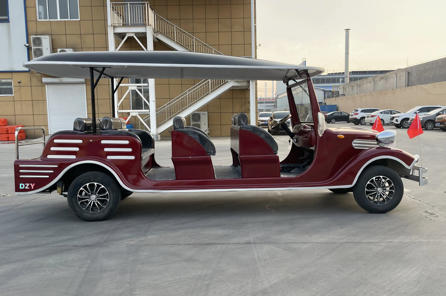 Luxury classic electric vintage car sightseeing shuttle bus, retro vintage car park, amusement park and scenic area shuttle bus