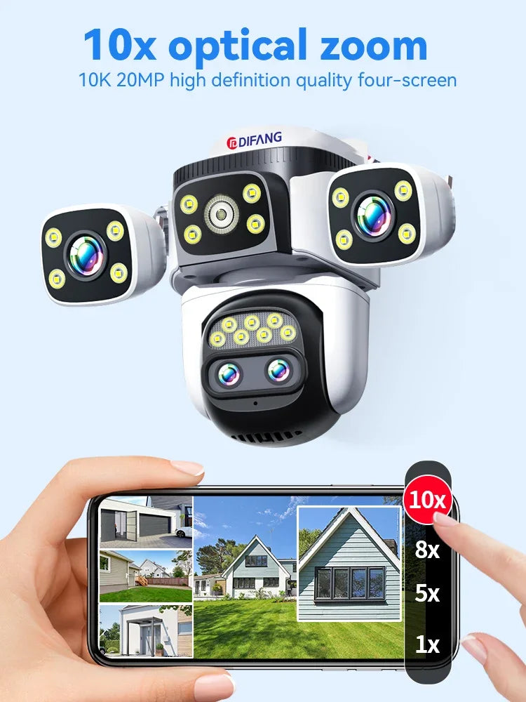 10K Home Security WiFi Camera Four Lens Four Screen 360° 10X Optical Zoom Wireless Surveillance IP Cam