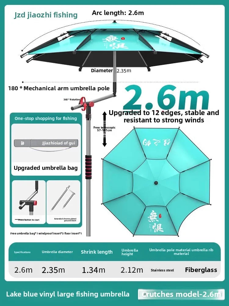 Parasol Fishing Umbrella Double-Layer Fold Outdoor Camping Beach Garden Windproof Sunscreen Fish Adjustable Pole Portable Rack