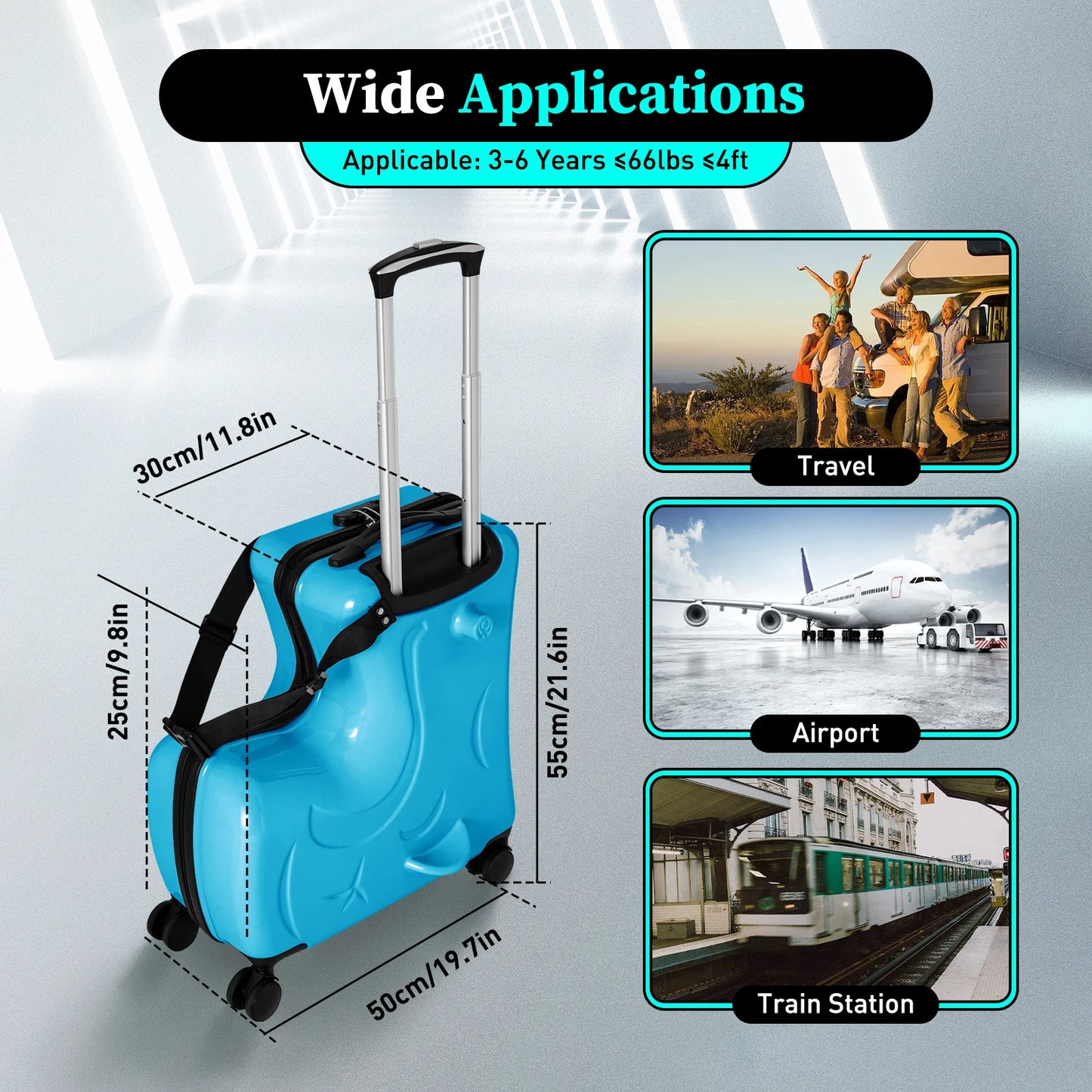 20INCH Kid's Ride-On Travel Suitcase, Rolling Luggage With Wheels With Password Lock
