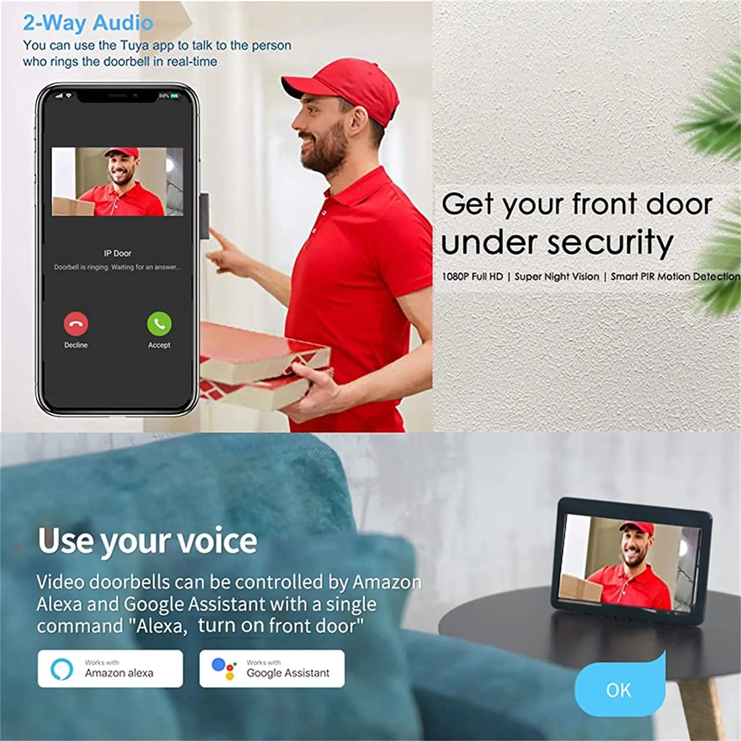1080P Tuya Smart Video Doorbell Wifi Wireless Video Intercom For Home Security Protection Google Home Apartment Tuya Door Bell