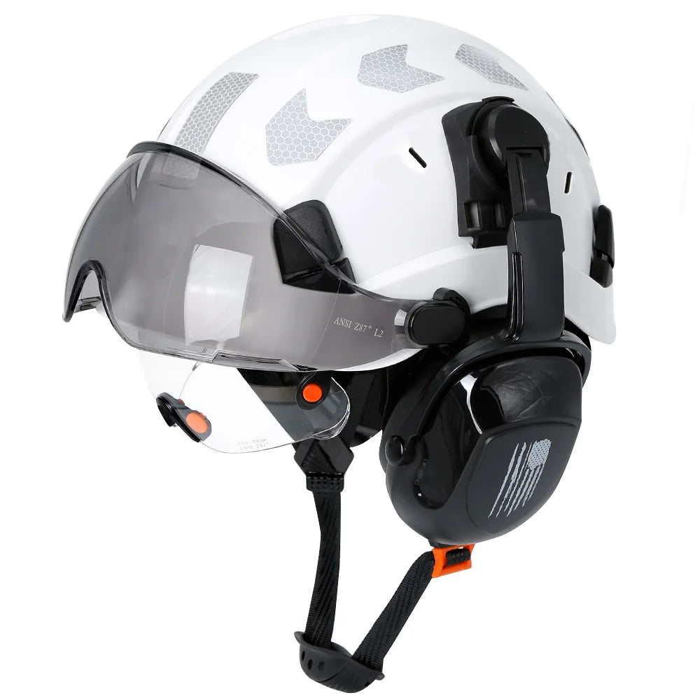 Safety Helmet With Visors Built In Goggles Earmuff Noise Reduction Stickers For Engineer ABS Hard Hat ANSI Industrial Work Cap