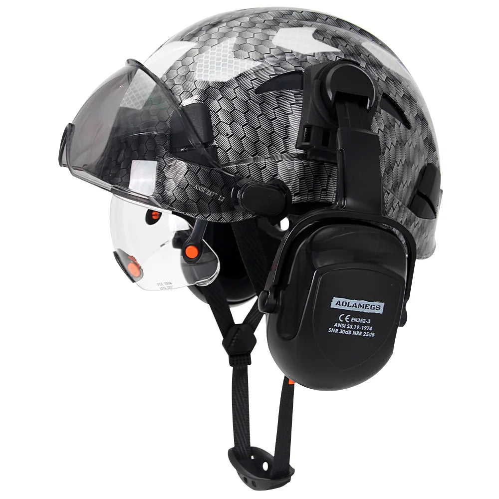 Safety Helmet With Visors Built In Goggles Earmuff Noise Reduction Stickers For Engineer ABS Hard Hat ANSI Industrial Work Cap