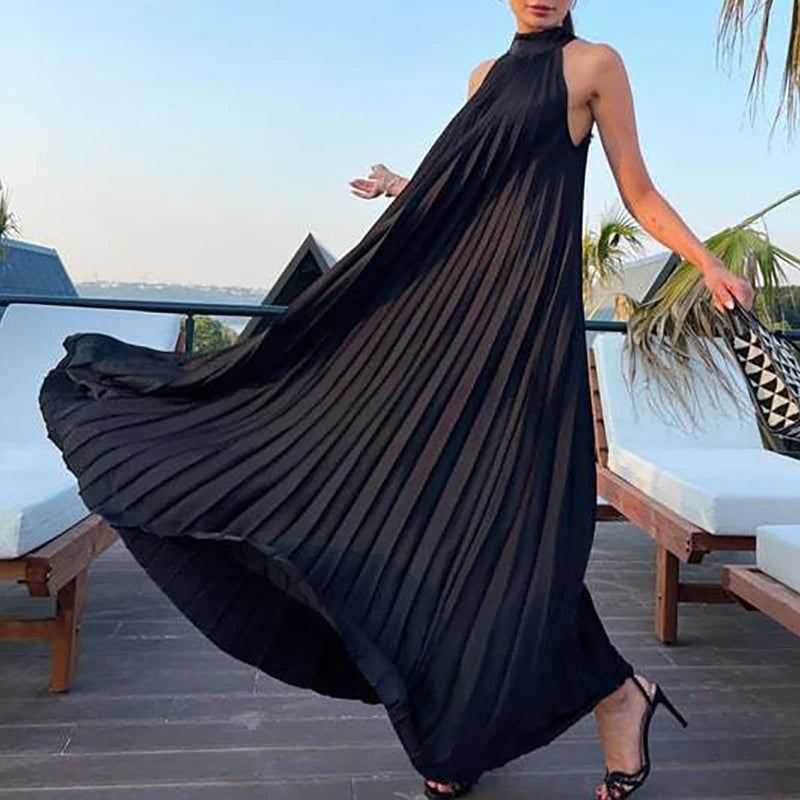 Spring Female Halter Slim Banquet Long Dress Women Sexy Off Shoulder Gala Dress New 2025 Elegant Solid Swing Loose Party Dress