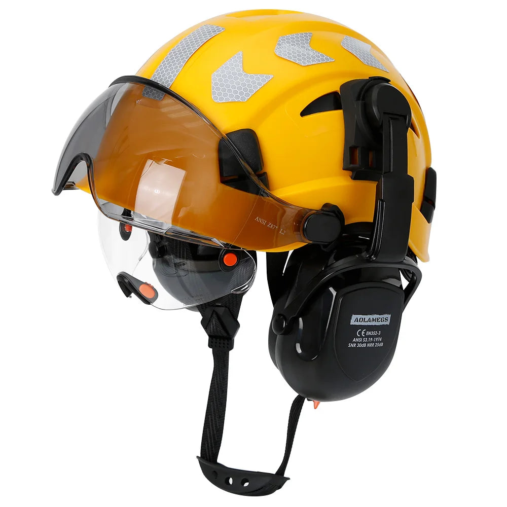 Safety Helmet With Visors Built In Goggles Earmuff Noise Reduction Stickers For Engineer ABS Hard Hat ANSI Industrial Work Cap