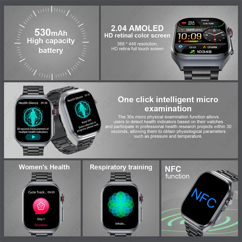 AI Medical Diagnosis Blood Lipids Uric Acid Waterproof Watch Bluetooth Call Health