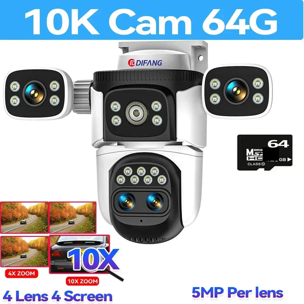 10K Home Security WiFi Camera Four Lens Four Screen 360° 10X Optical Zoom Wireless Surveillance IP Cam